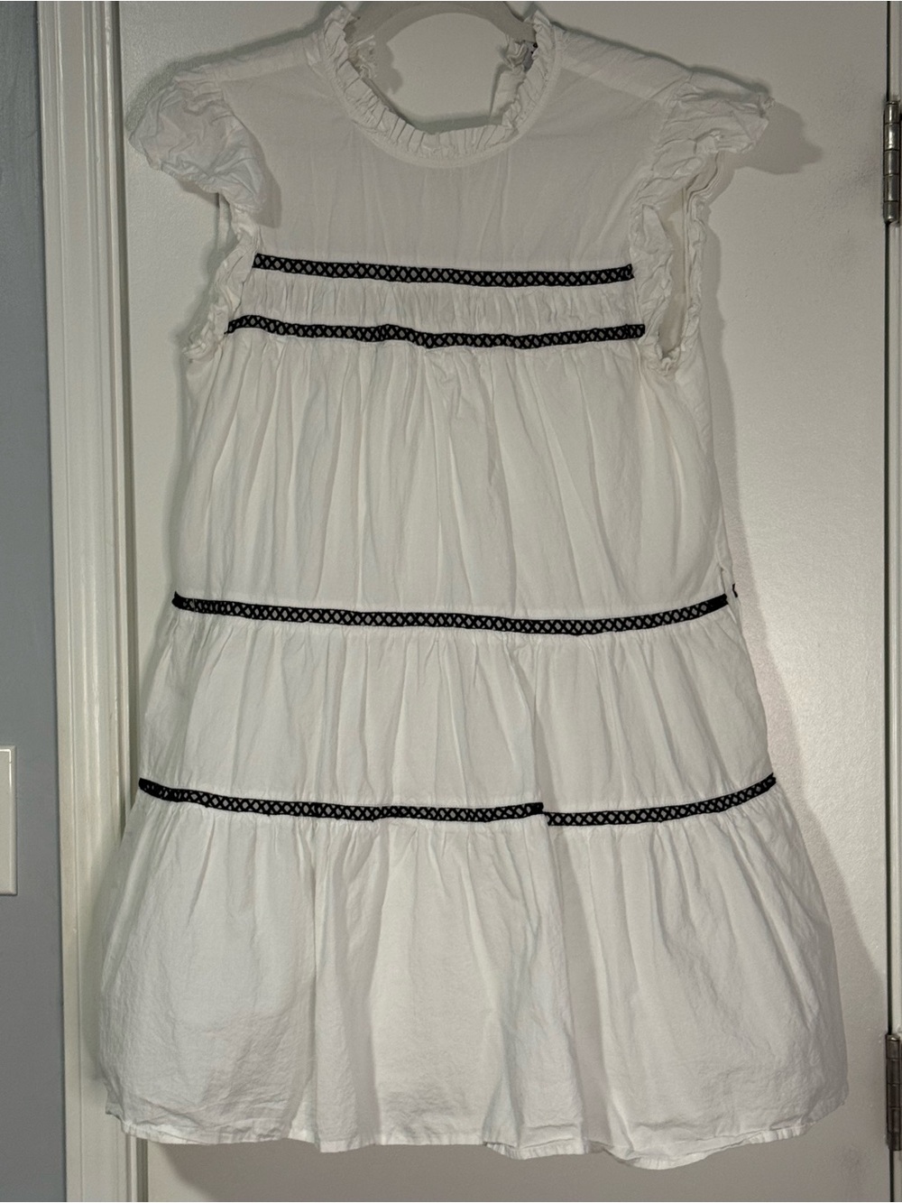 White Ruffle Tiered Dress with Black Trim